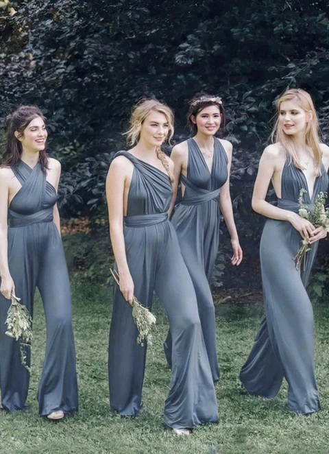 Jumpsuit/pantsuit Sleeveless Floor-length Jersey Bridesmaid Dresses With Pleated