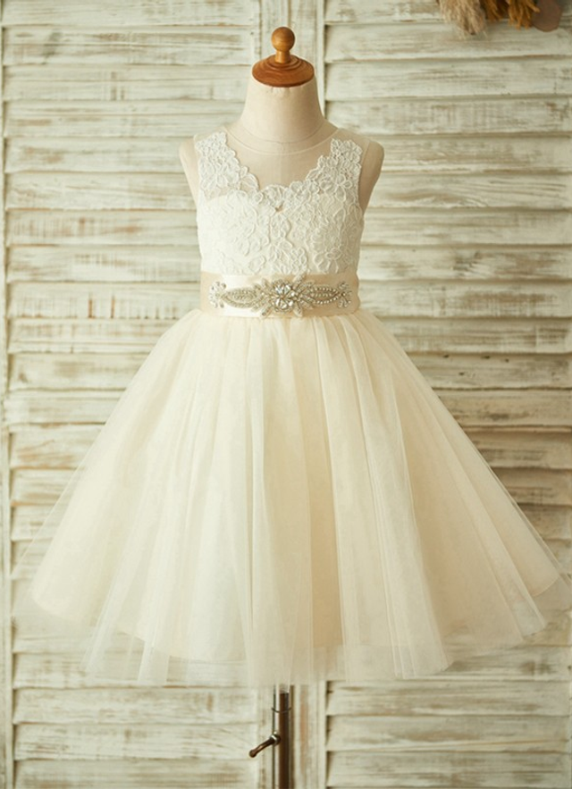 Ball-gown/princess Tea-length Scoop Lace Sleeveless Tulle Flower Girl Dresses