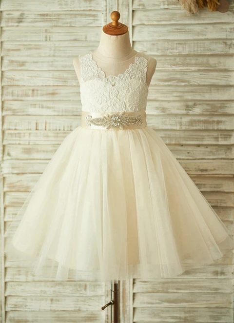 Ball-gown/princess Tea-length Scoop Lace Sleeveless Tulle Flower Girl Dresses