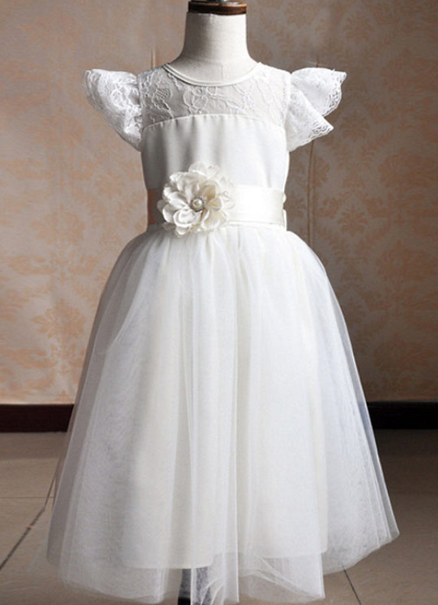 Ball-gown/princess Scoop Tea-length Tulle Flower Girl Dresses With Lace Sashes