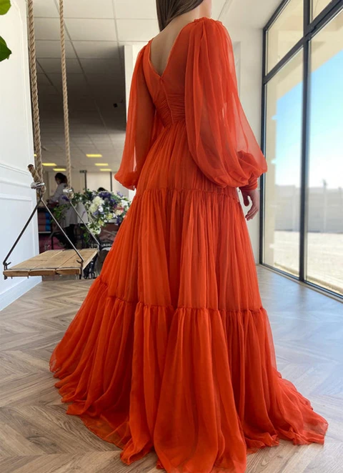 A-line V Neck Full/long Sleeve Long/floor-length Chiffon Prom Dress With Pleated