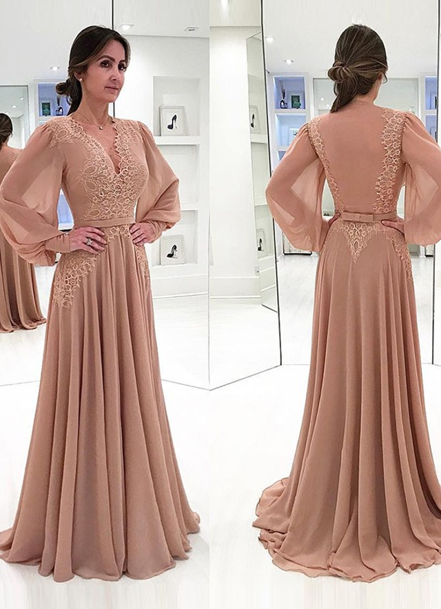 A-line Chiffon V-neck Long Sleeves Sweep Train Mother Of The Bride Dresses With Lace