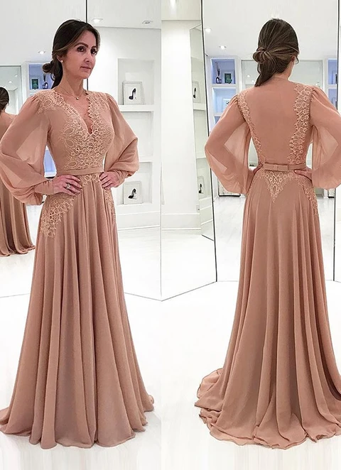 A-line Chiffon V-neck Long Sleeves Sweep Train Mother Of The Bride Dresses With Lace