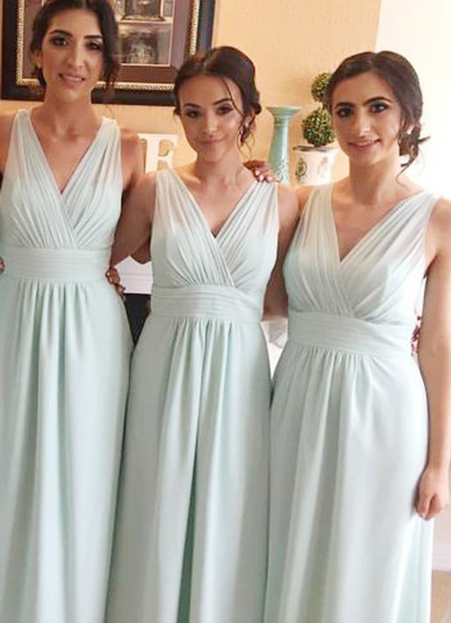 A-line Sleeveless Scoop Neck Long/floor-length Chiffon Bridesmaid Dresses With Lace