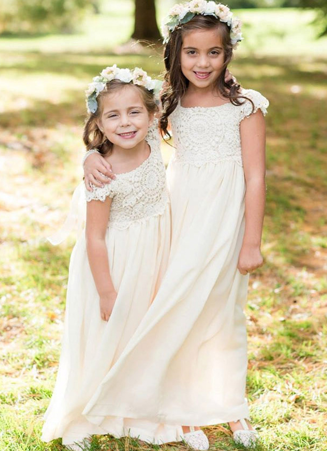 A Line Floor-length Scoop Sleevesless Chiffon Flower Girl Dresses With Lace