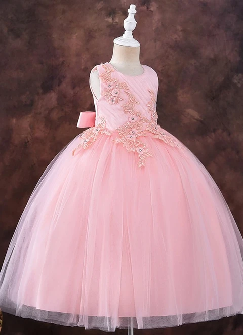 Ball-gown/princess Tulle Applique Scoop Sleeveless Tea-length Flower Girl Dresses