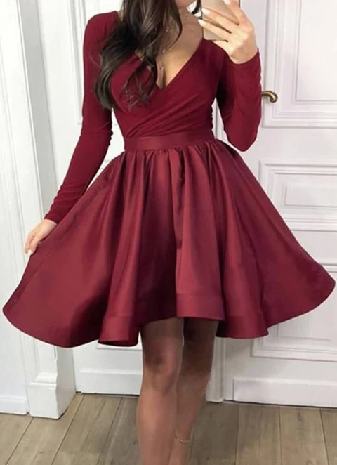 A-line V Neck Full/long Sleeve Short/mini Satin Dresses With Pleated