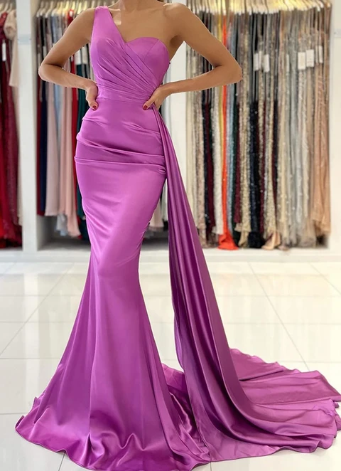 Trumpet/mermaid One-shoulder Sleeveless Sweep Train Satin Dresses