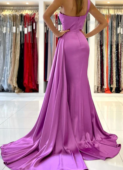 Trumpet/mermaid One-shoulder Sleeveless Sweep Train Satin Dresses