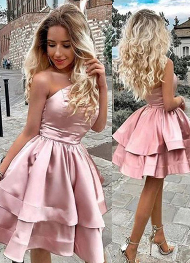 A-line Princess One-shoulder Sleeveless Short/mini Satin Dresses With Ruffles