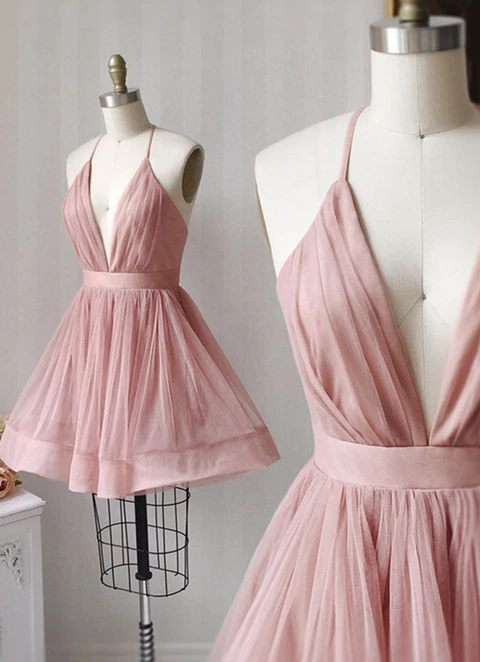 A-line V Neck Sleeveless Tulle Short/mini Dresses With Pleated