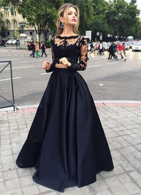 Ball Gown Long Sleeves Bateau Satin Floor-length Dresses