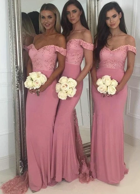 Sheath/column Sleeveless Off-the-shoulder Sweep Train Jersey Bridesmaid Dresses With Beading Lace