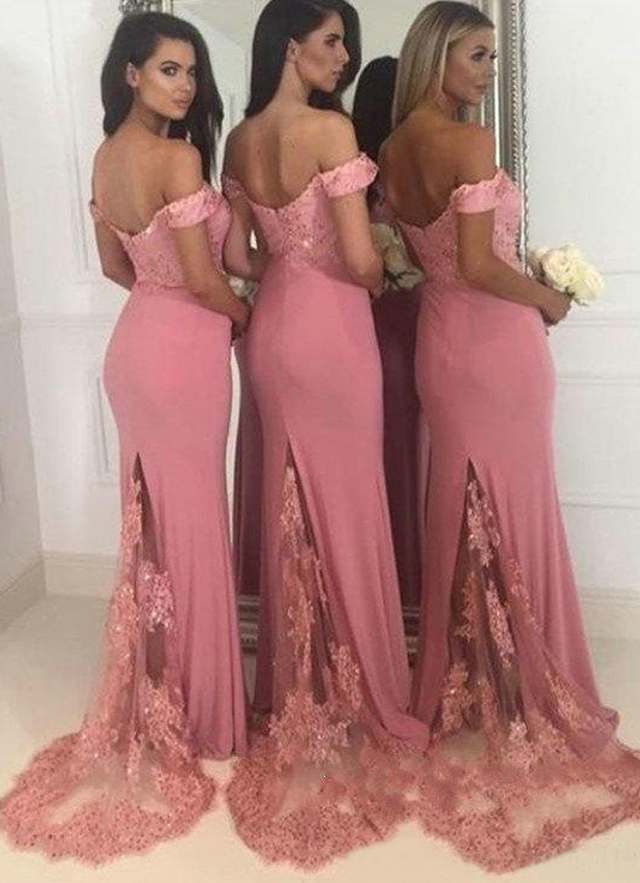 Sheath/column Sleeveless Off-the-shoulder Sweep Train Jersey Bridesmaid Dresses With Beading Lace