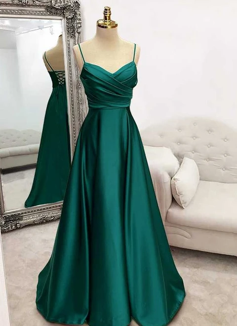 A-line V Neck Spaghetti Straps Long/floor-length Satin Prom Dress With Pleated