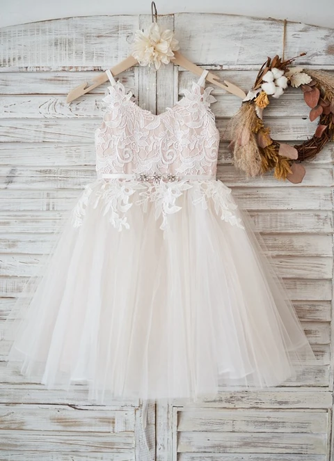 Ball-gown/princess Tulle Lace V-neck Sleeveless Knee-length Flower Girl Dresses