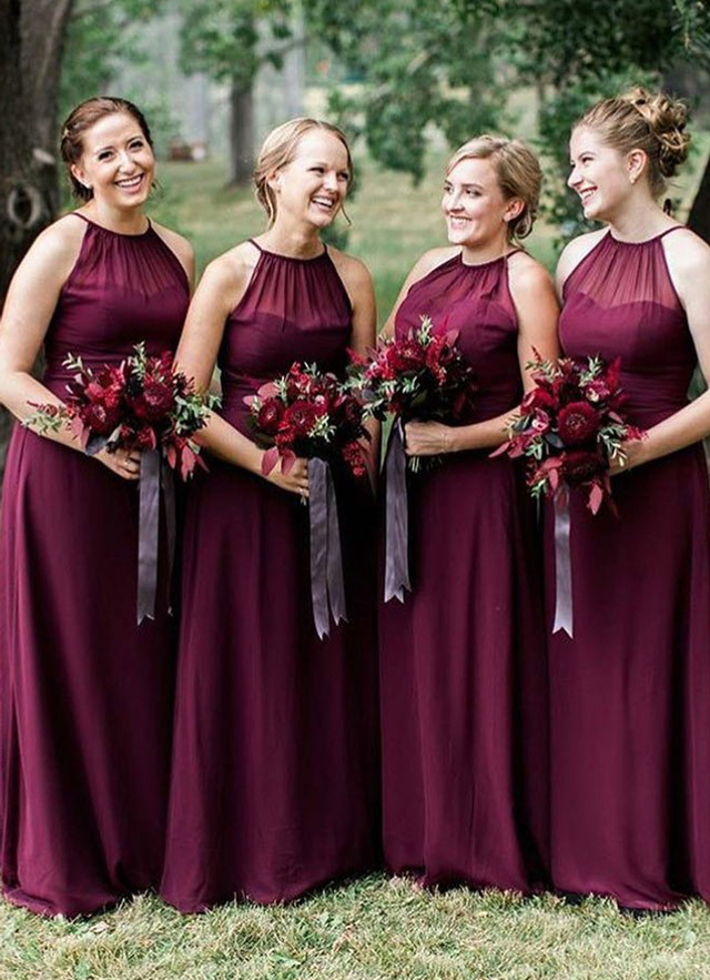 A-line Sleeveless Halter Floor-length Chiffon Bridesmaid Dresses With Pleated