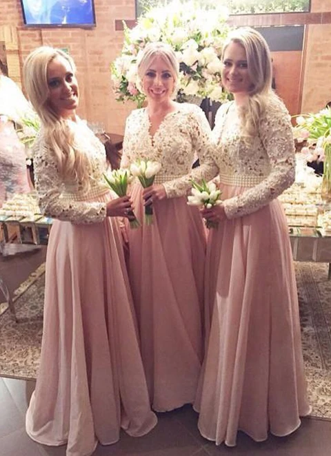 A-line V-neck Long Sleeve Floor-length Chiffon Bridesmaid Dresses With Beading Lace