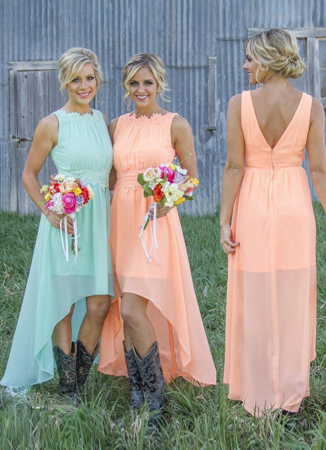 A-line Sleeveless Scoop Asymmetrical Chiffon Bridesmaid Dresses With Appliqued