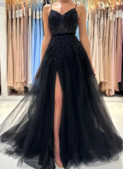 A-line V Neck Sleeveless Long/floor-length Tulle Dresses With Beading Split