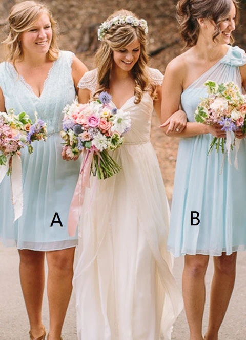 A-line Sleeveless V Neck Knee-length Chiffon Bridesmaid Dresses With Lace