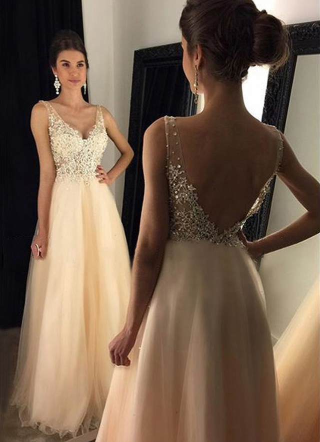 Tulle Prom Dress A-line/princess V-neck Long/floor-length Appliqued Dresses