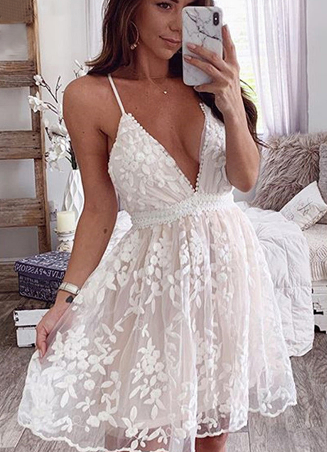 A-line V Neck Sleeveless Lace Short/mini Dresses