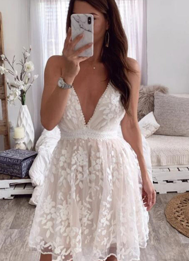 A-line V Neck Sleeveless Lace Short/mini Dresses