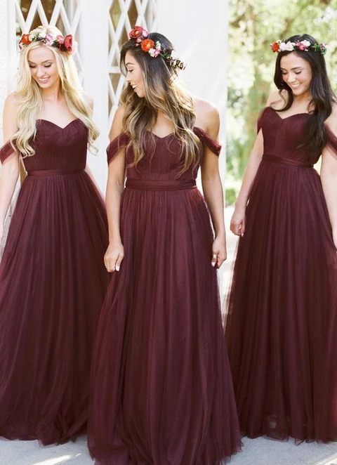 A-line Sleeveless Off-the-shoulder Long/floor-length Tulle Bridesmaid Dresses With Pleated