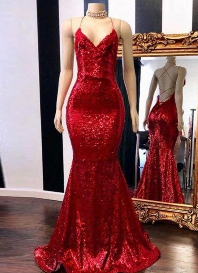 Trumpet/mermaid Sweep/brush Train Spaghetti Straps Sleeveless Sequins Dresses