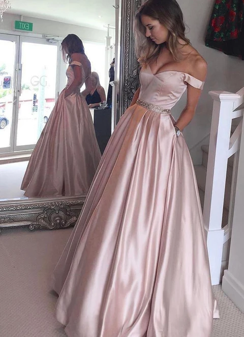 Satin Prom Dress A-line/princess Off-the-shoulder Long/floor-length With Beaded