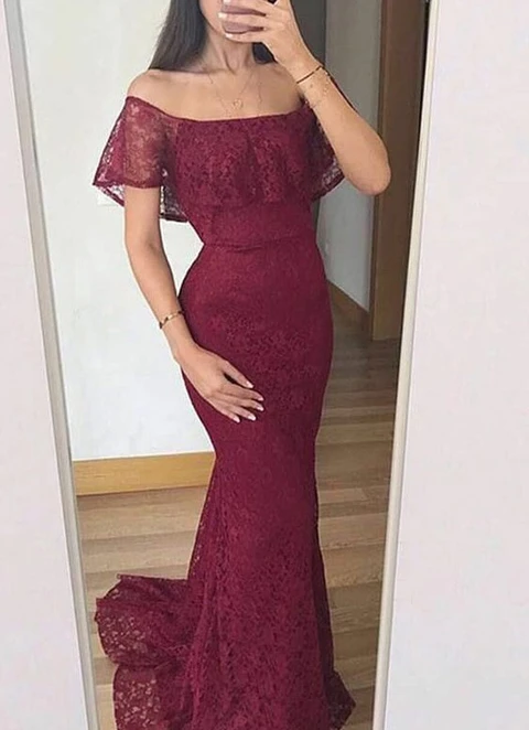 Trumpet/mermaid Off-the-shoulder Short Sleeve Sweep Train Lace Dresses