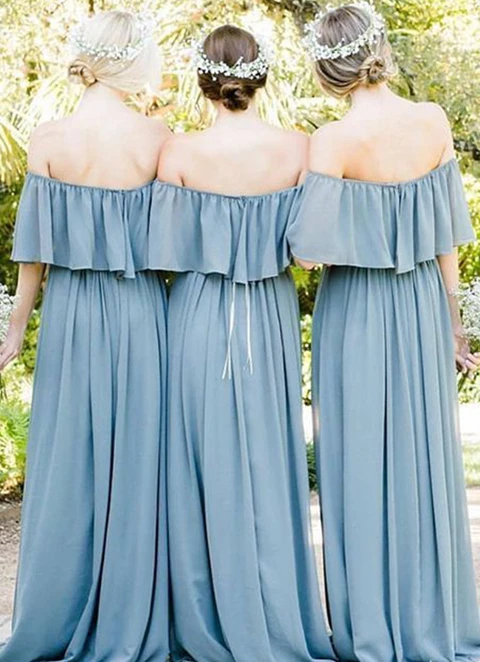 A-line Off-the-shoulder Long/floor-length Chiffon Bridesmaid Dresses With Ruffles