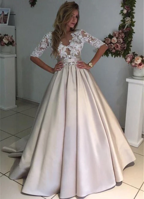 Satin Dresses A-line/princess V-neck Long/floor-length With Lace