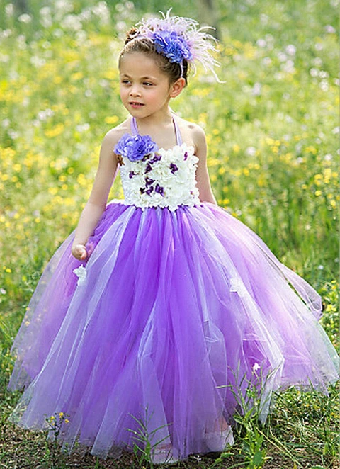 Ball-gown/princess Halter Long/floor-length Tulle Flower Girl Dresses With Flower 