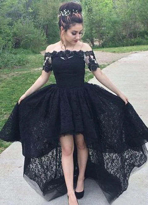 Ball Gown Off-the-shoulder Short Sleeve Asymmetrical Lace Dresses With Pleated