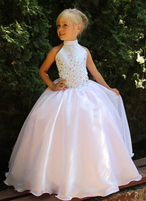 Ball-gown/princess Halter Long/floor-length Organza Flower Girl Dresses With Beaded