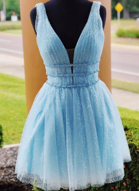 A-line V Neck Sleeveless Tulle Short/mini Dresses With Beading