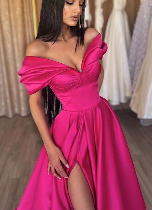 A-line Off-the-shoulder Short Sleeve Satin Long/floor-length Pleated Dresses