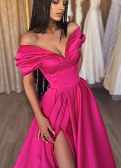 A-line Off-the-shoulder Short Sleeve Satin Long/floor-length Pleated Dresses