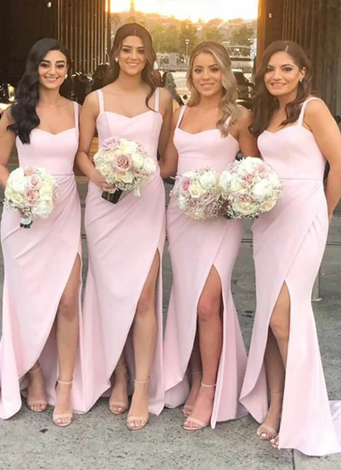 Sheath/column Sleeveless Sweetheart Sweep Train Elastic Satin Bridesmaid Dresses With Pleated Split