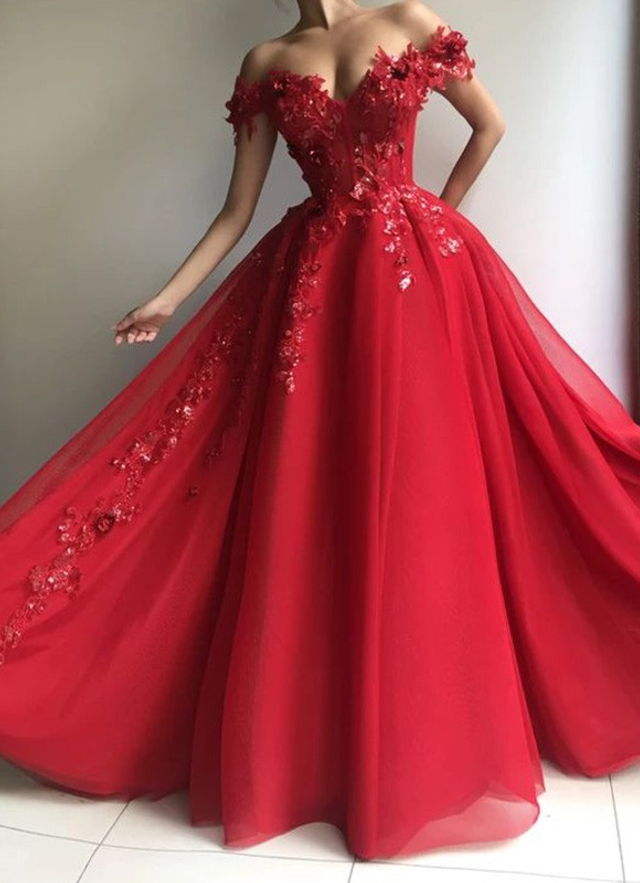 A-line/princess Tulle Off-the-shoulder Sleeveless Applique Floor Length Dresses