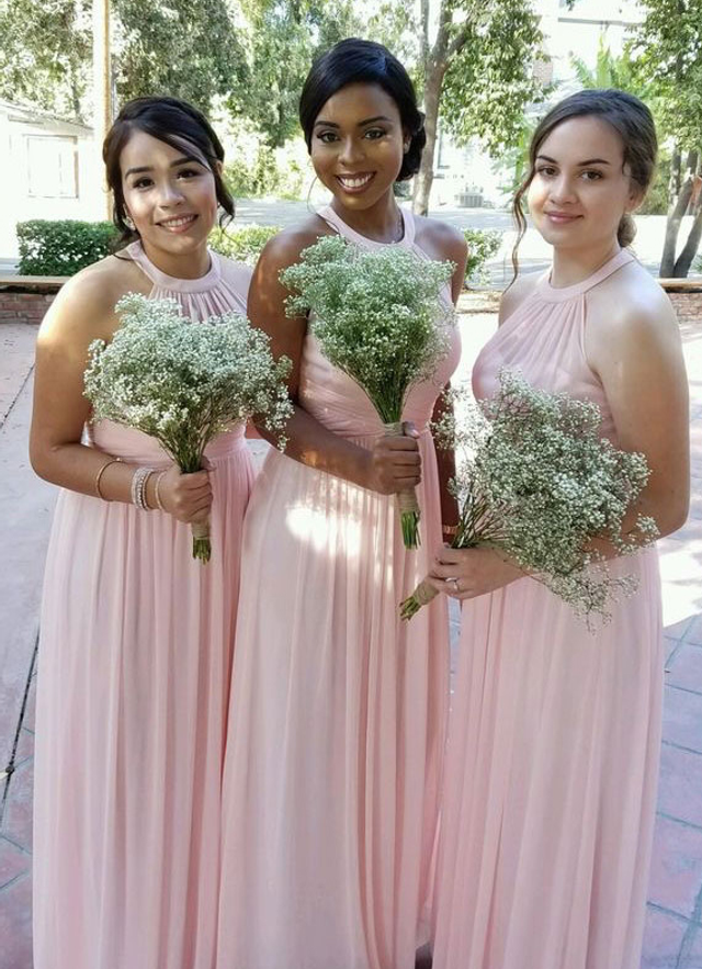 A-line Halter Sleeveless Floor-length Chiffon Bridesmaid Dresses With Pleated