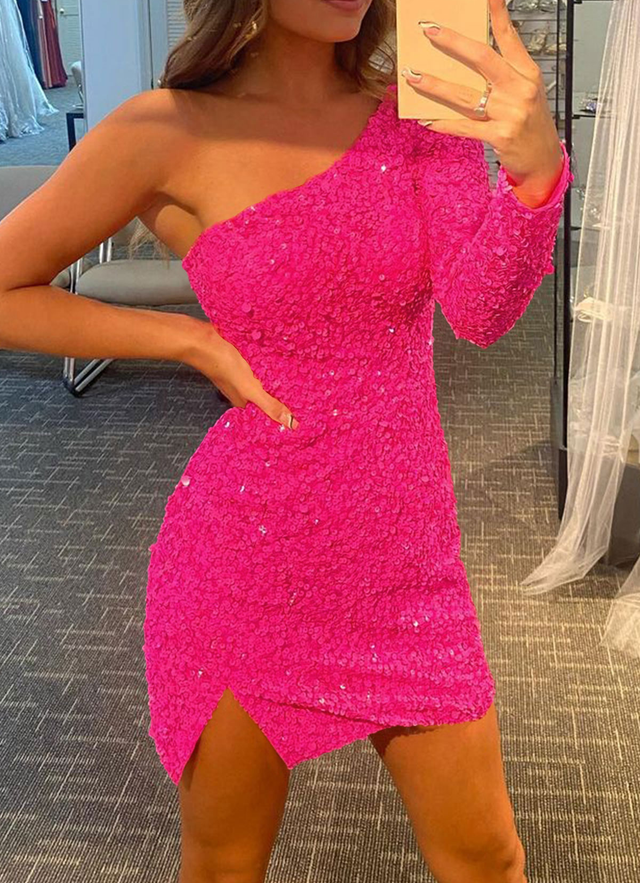 Sheath/column One-shoulder Full/long Sleeve Short/mini Velvet Sequins Dresses With Split