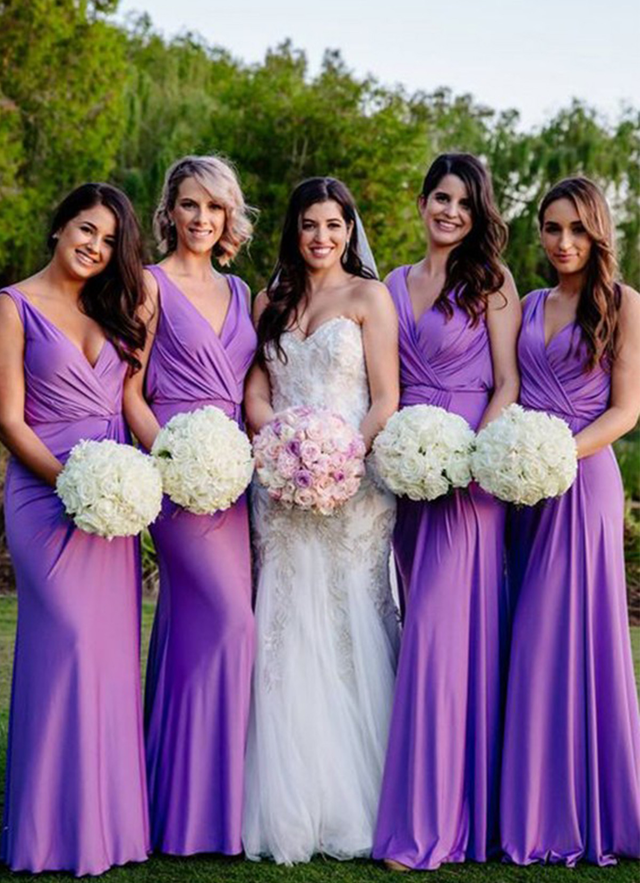 Sheath/column Sleeveless V Neck Floor-length Jersey Bridesmaid Dresses With Pleated