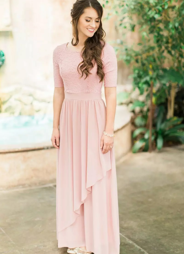 A-line Short Sleeve Scoop Neck Ankle-length Chiffon Bridesmaid Dresses With Lace Pleated