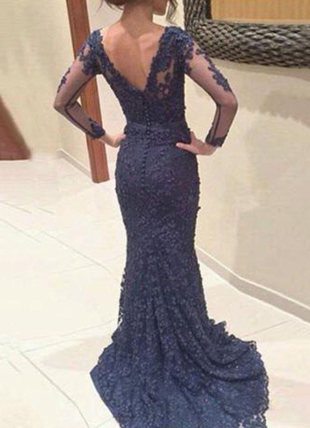 Lace Prom Dress Sheath/column V-neck Sweep Train