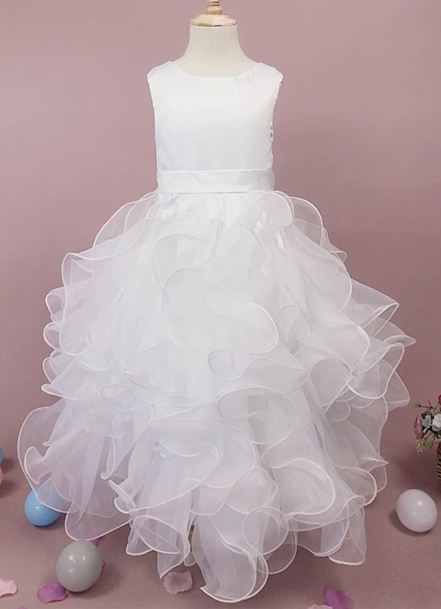 Ball-gown/princess Scoop Sleeveless Tea-length Organza Flower Girl Dresses With Ruffles 