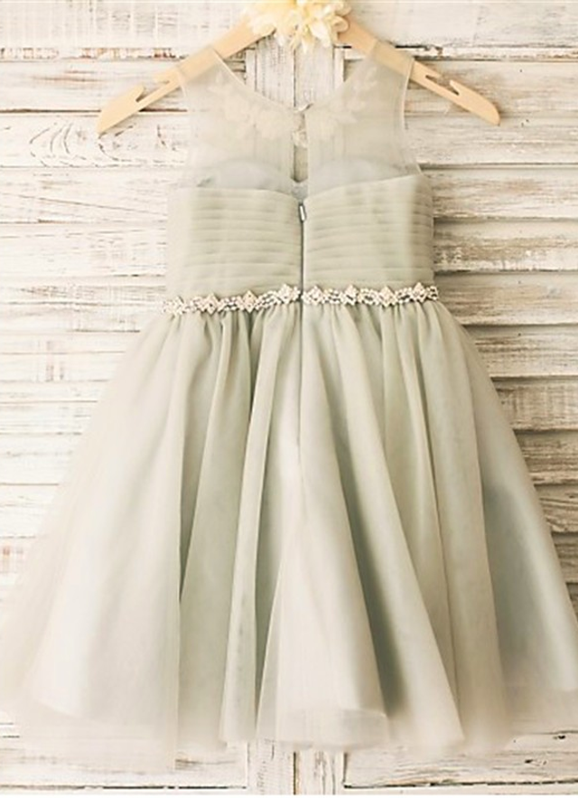 Ball-gown/princess Scoop Sleeveless Beading Tea-length Tulle Flower Girl Dresses 