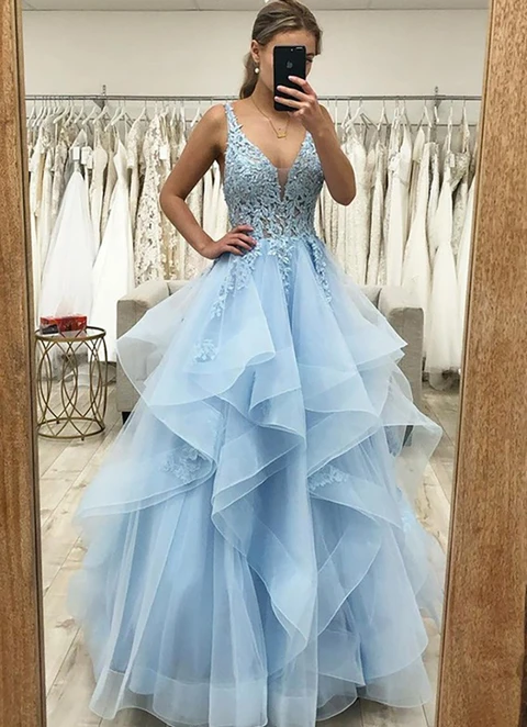 A-line V Neck Sleeveless Long/floor-length Tulle Satin Appliqued Dresses